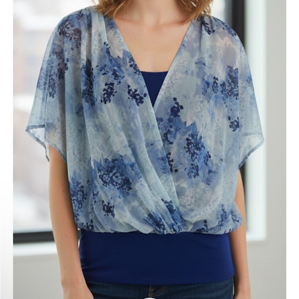 Apt. 9 Blue Floral Sheer Overlay Blouse Tank Top Medium M Faux Wrap Career